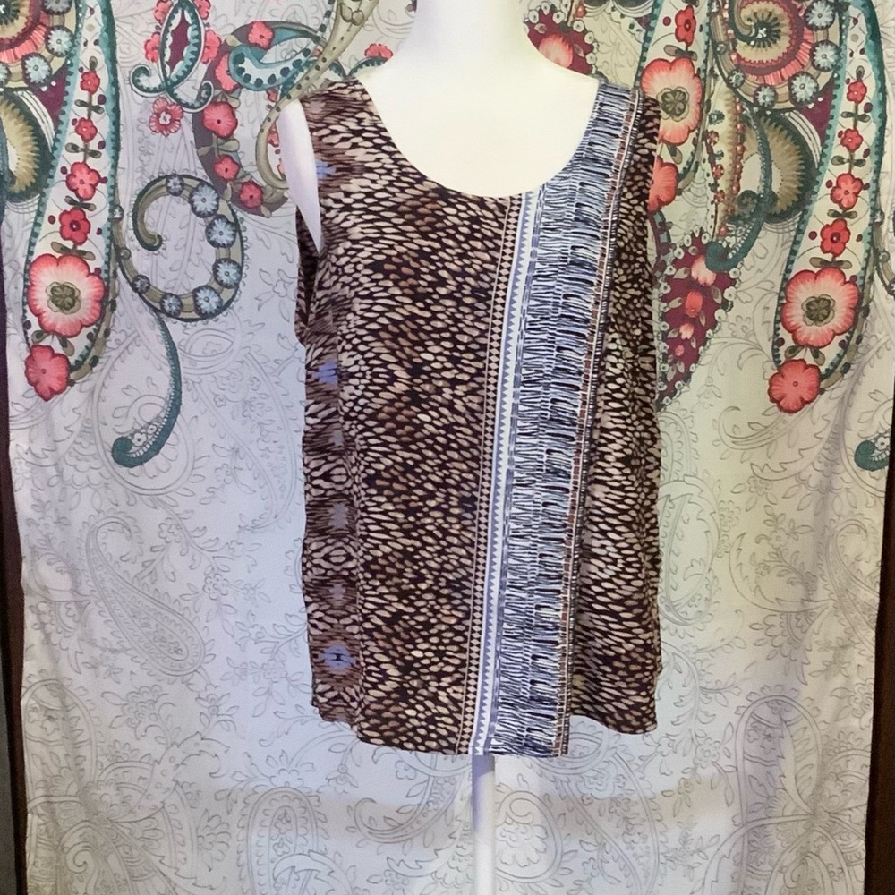 Nic+Zoe Womens M Faux Wrap Sleeveless Top Black Tan Blue White Snake Print NWOT